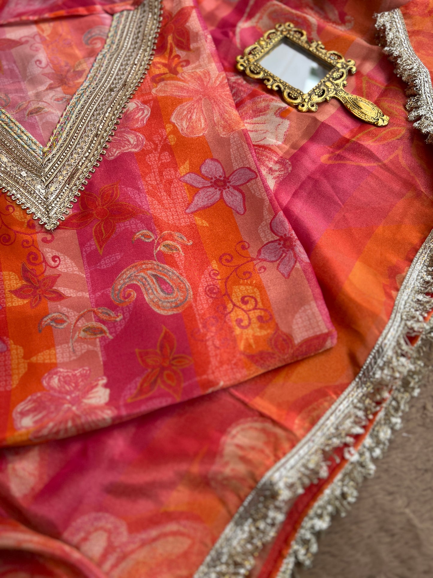 Sunset Blush Semi-Stitched Set with Stunning Lace Detailing