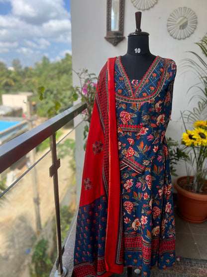 Navy Blue Floral Handblock Cotton Ready to wear Set with Embroidered Neckline