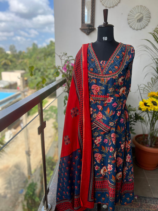 Navy Blue Floral Handblock Cotton Ready to wear Set with Embroidered Neckline