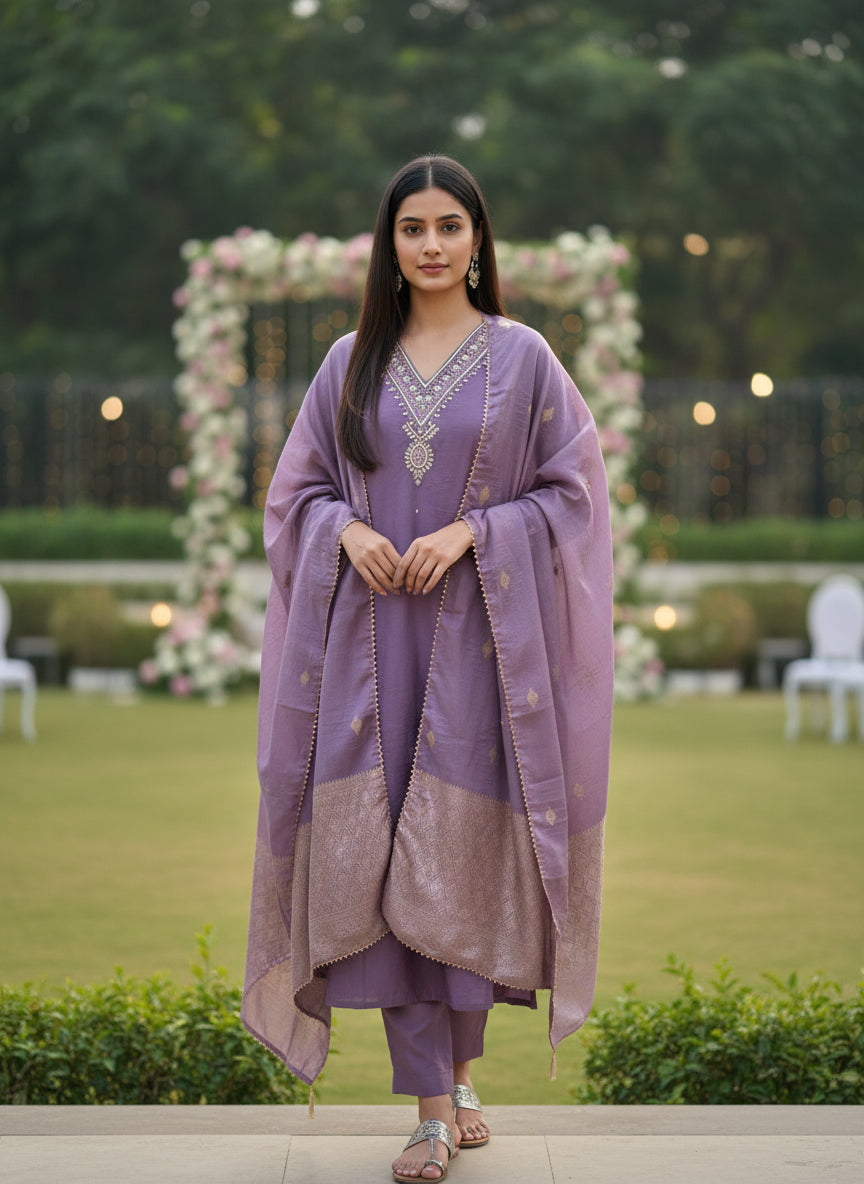 Stunning lavendar handwork ready to wear Suit