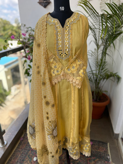 Yellow Shimmer Elegance with Mirror & Digital Dupatta