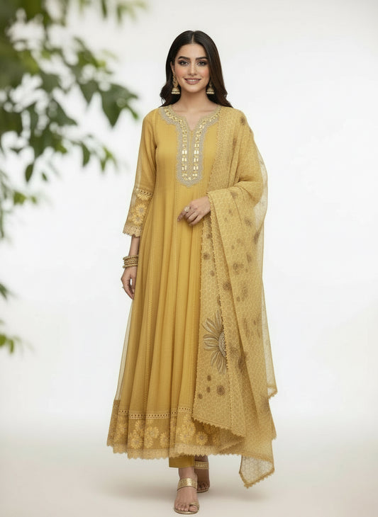 Yellow Shimmer Elegance with Mirror & Digital Dupatta