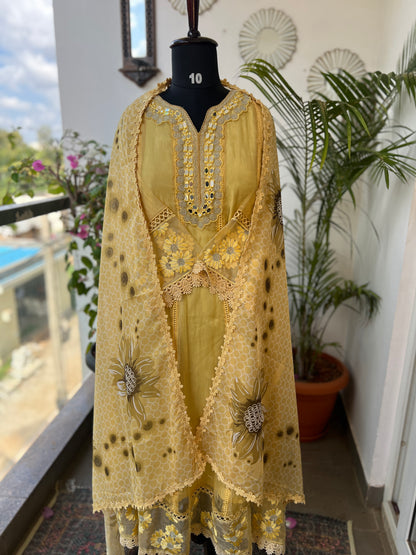 Yellow Shimmer Elegance with Mirror & Digital Dupatta