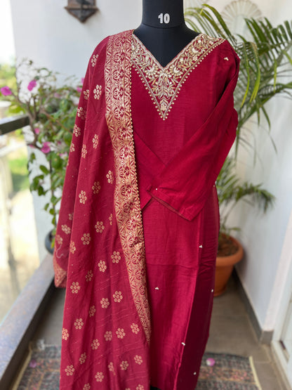 Deep Red Dola Silk Suit with Handwork & Banarasi Dup