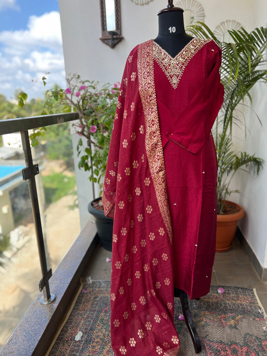 Deep Red Dola Silk Suit with Handwork & Banarasi Dup