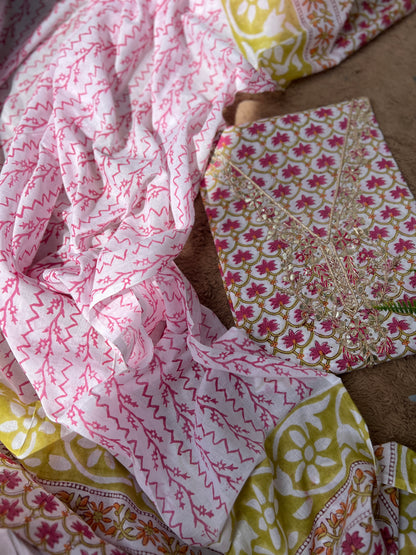 Floral Cotton Suit with Handcrafted Neck Embroidery