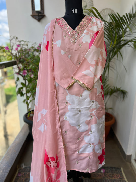 Maslin Printed Suit Set with Embroidered Neckline & Matching Dupatta