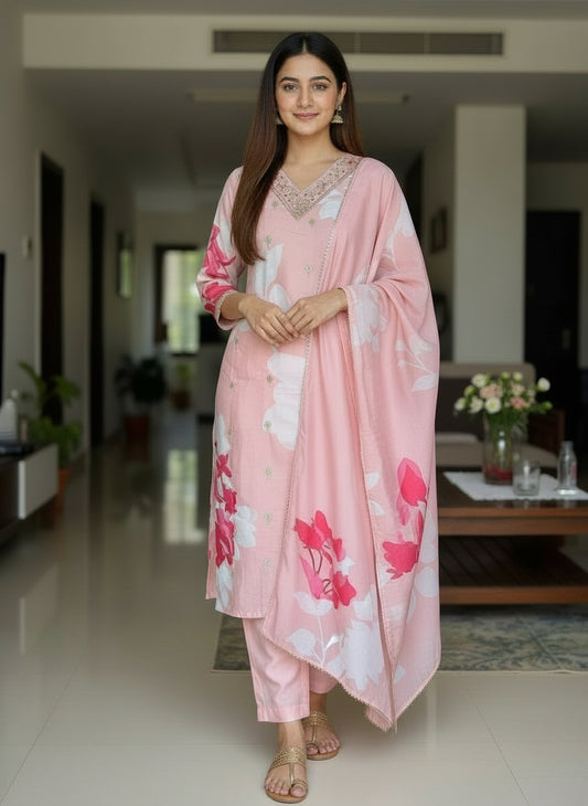 Maslin Printed Suit Set with Embroidered Neckline & Matching Dupatta