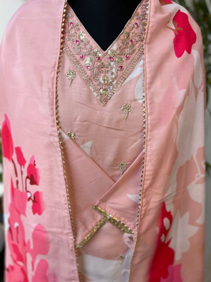 Maslin Printed Suit Set with Embroidered Neckline & Matching Dupatta