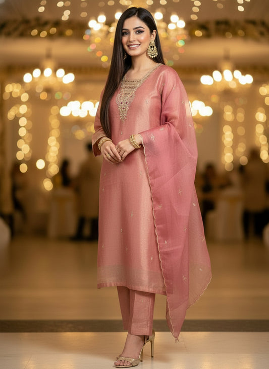 Shimmer Tissue Handworked Salwar Suit with Organza Dupatta – Festive Elegance