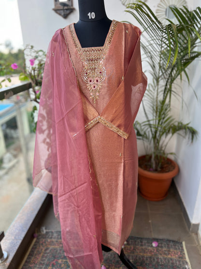 Shimmer Tissue Handworked Salwar Suit with Organza Dupatta – Festive Elegance