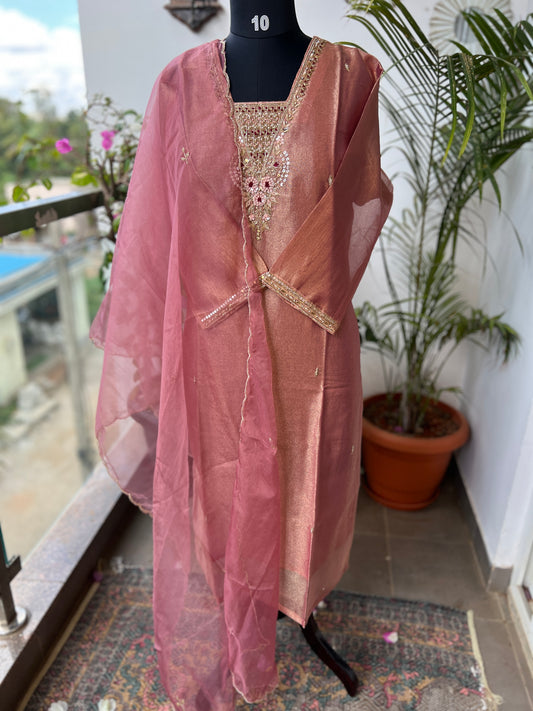 Shimmer Tissue Handworked Salwar Suit with Organza Dupatta – Festive Elegance
