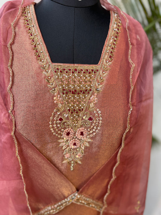 Shimmer Tissue Handworked Salwar Suit with Organza Dupatta – Festive Elegance
