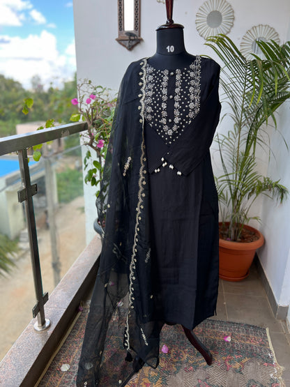 Black Modal Maslin Suit with Cut Dana Neck Work & Embroidered Organza Dupatta
