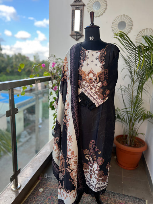 Black Karachi Print Maslin Suit with Dupatta – Timeless Ethnic Charm