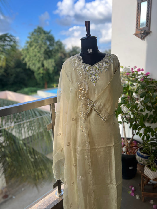 Olive Elegance – Handwork Ready-to-Wear Dola Silk Suit