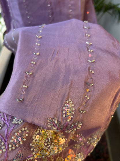 Shimmering Silk Elegance with Beaded Pearl Detailing