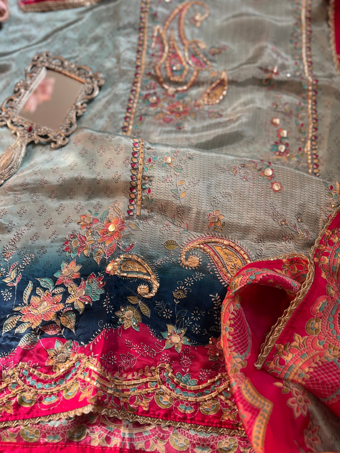 Pakistani-Inspired Russian Silk Semi-Stitched Suit with Gota Detailing