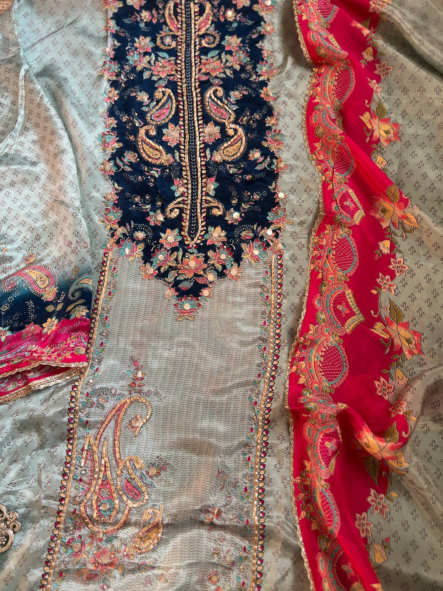 Pakistani-Inspired Russian Silk Semi-Stitched Suit with Gota Detailing
