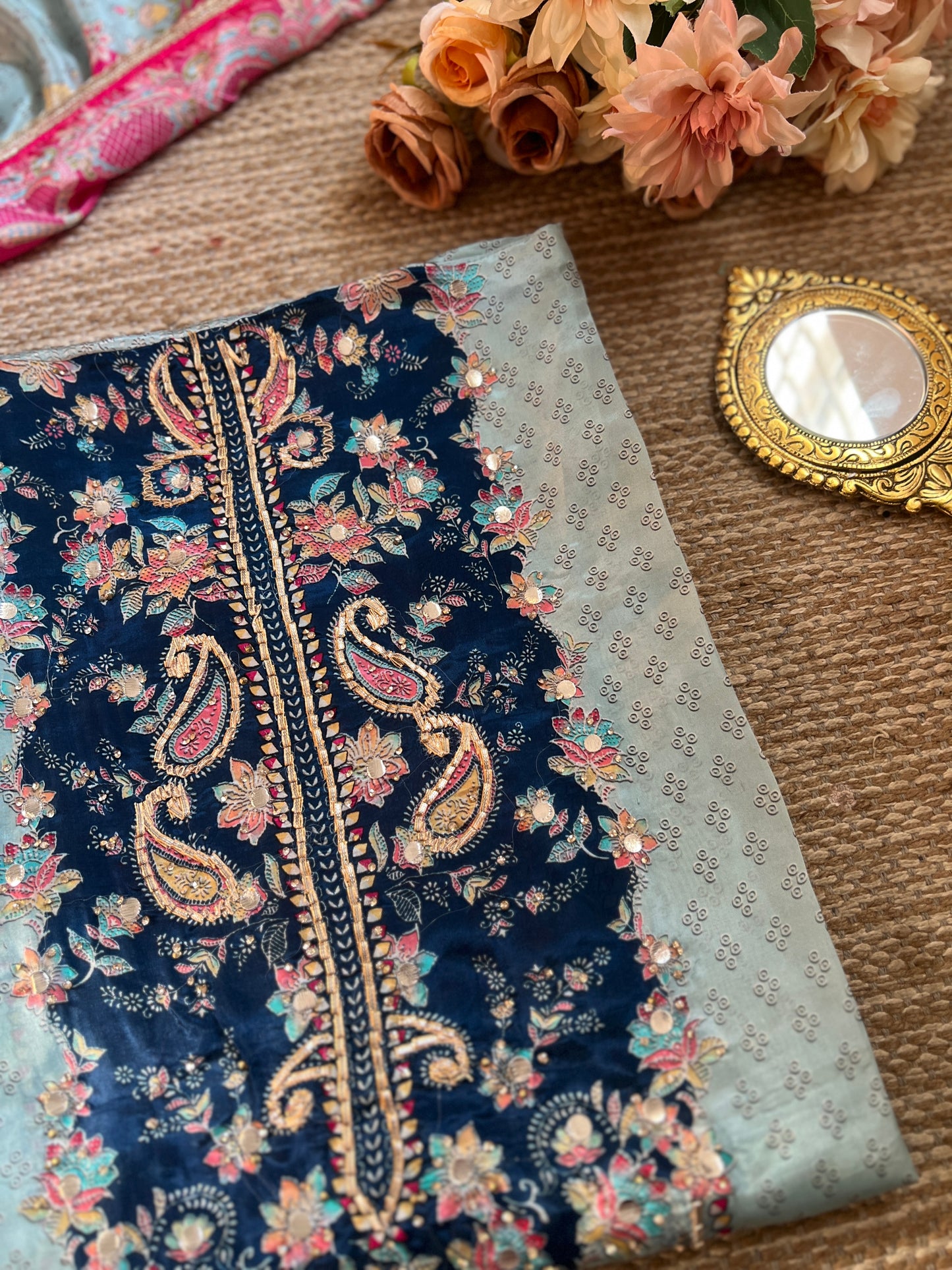 Pakistani-Inspired Russian Silk Semi-Stitched Suit with Gota Detailing