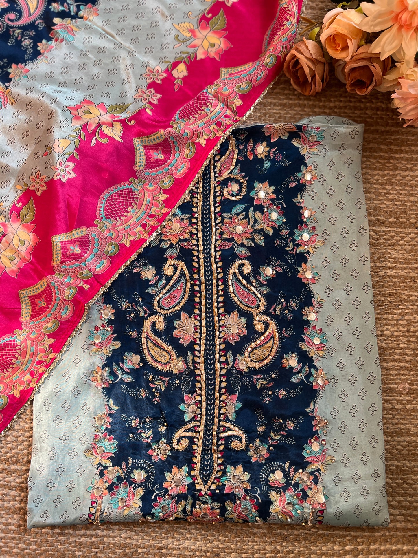 Pakistani-Inspired Russian Silk Semi-Stitched Suit with Gota Detailing