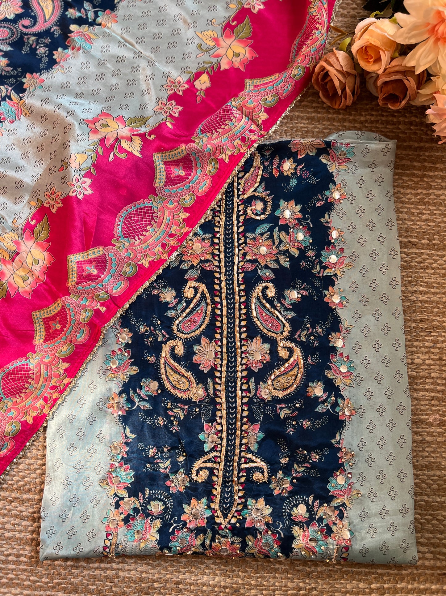 Pakistani-Inspired Russian Silk Semi-Stitched Suit with Gota Detailing