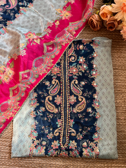 Pakistani-Inspired Russian Silk Semi-Stitched Suit with Gota Detailing