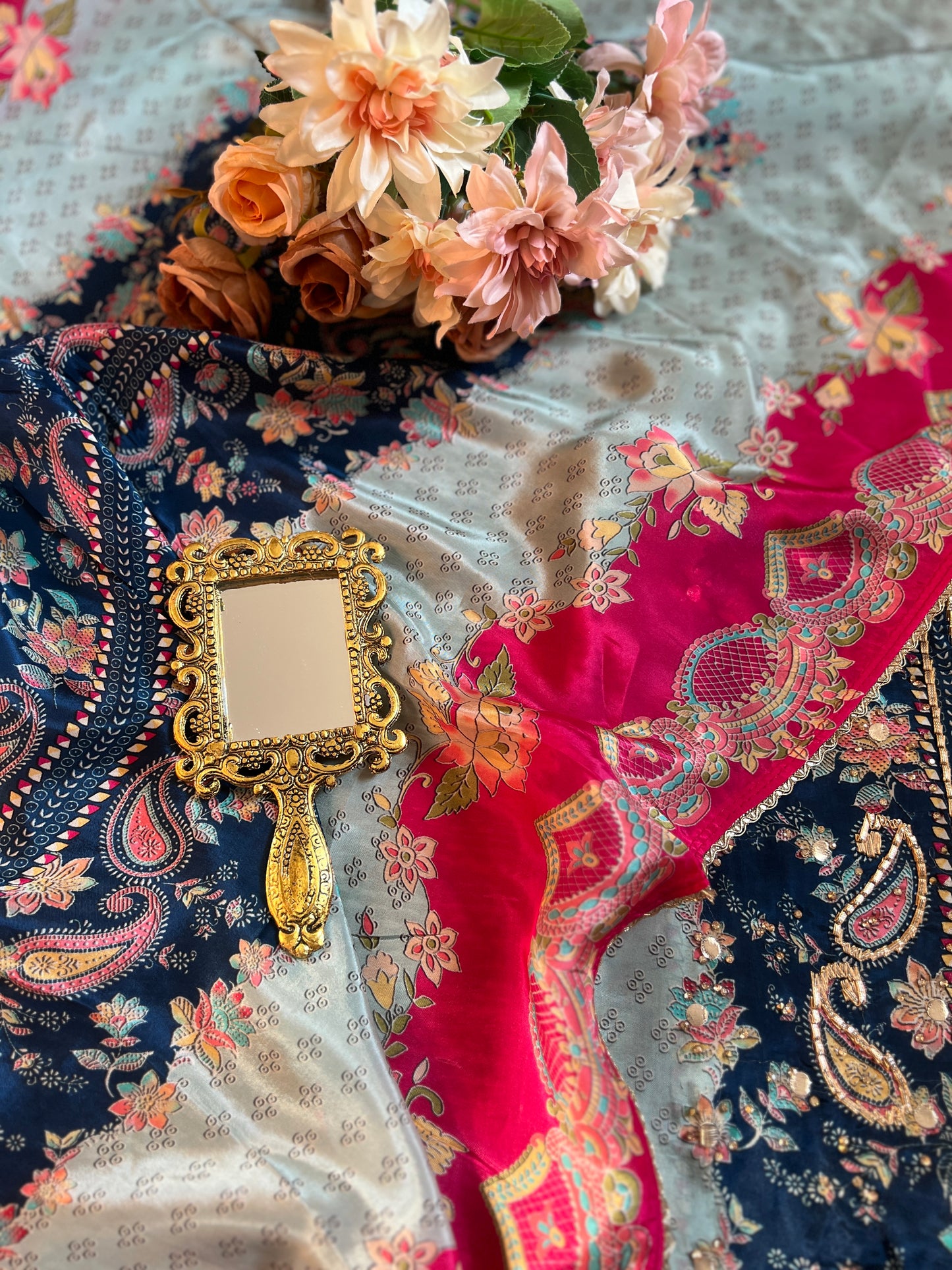 Pakistani-Inspired Russian Silk Semi-Stitched Suit with Gota Detailing