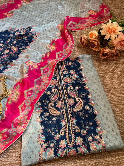 Pakistani-Inspired Russian Silk Semi-Stitched Suit with Gota Detailing