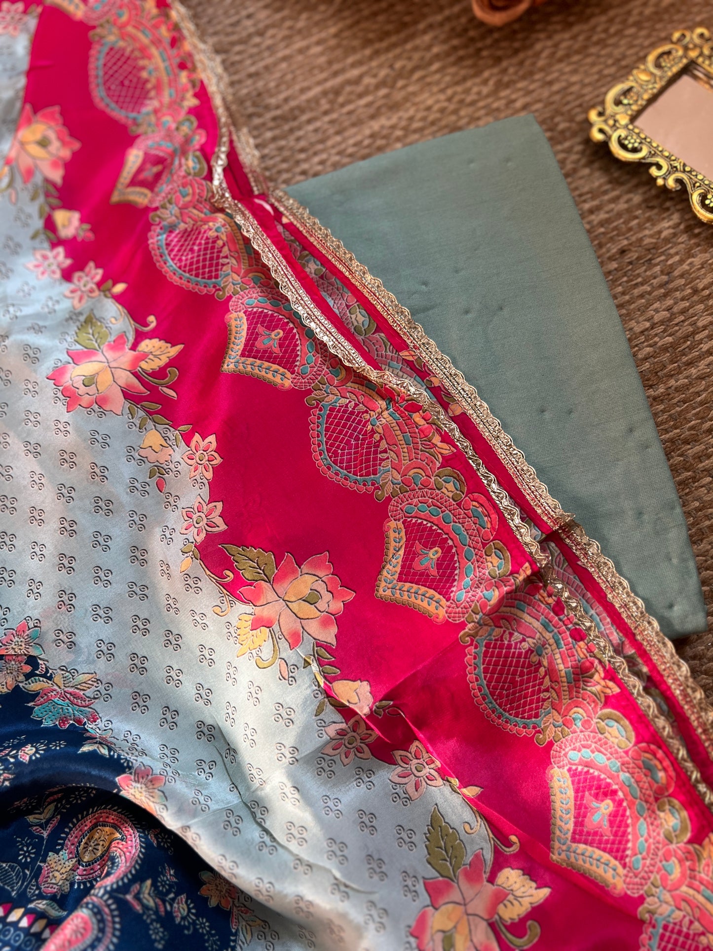 Pakistani-Inspired Russian Silk Semi-Stitched Suit with Gota Detailing