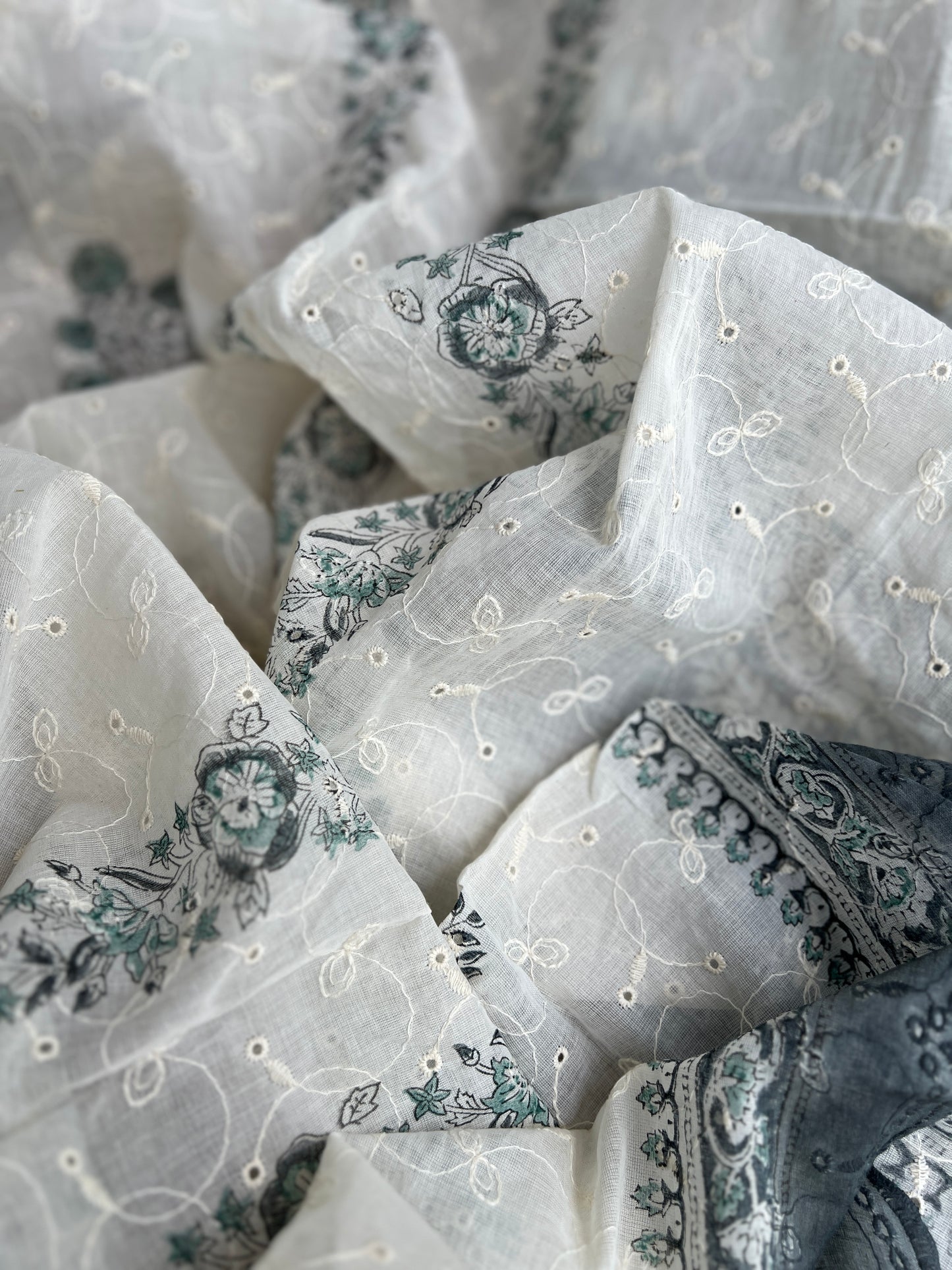 Midnight Teal Bloom in Pure Cotton with White Thread Embroidery