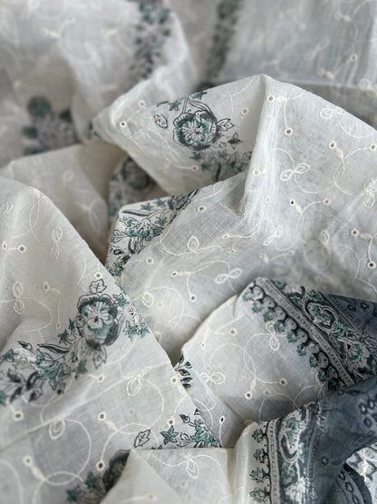 Midnight Teal Bloom in Pure Cotton with White Thread Embroidery
