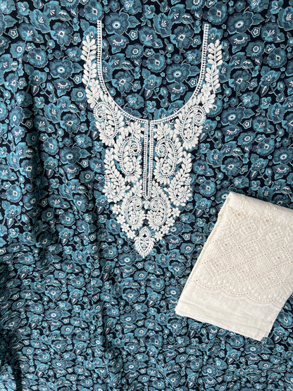 Midnight Teal Bloom in Pure Cotton with White Thread Embroidery