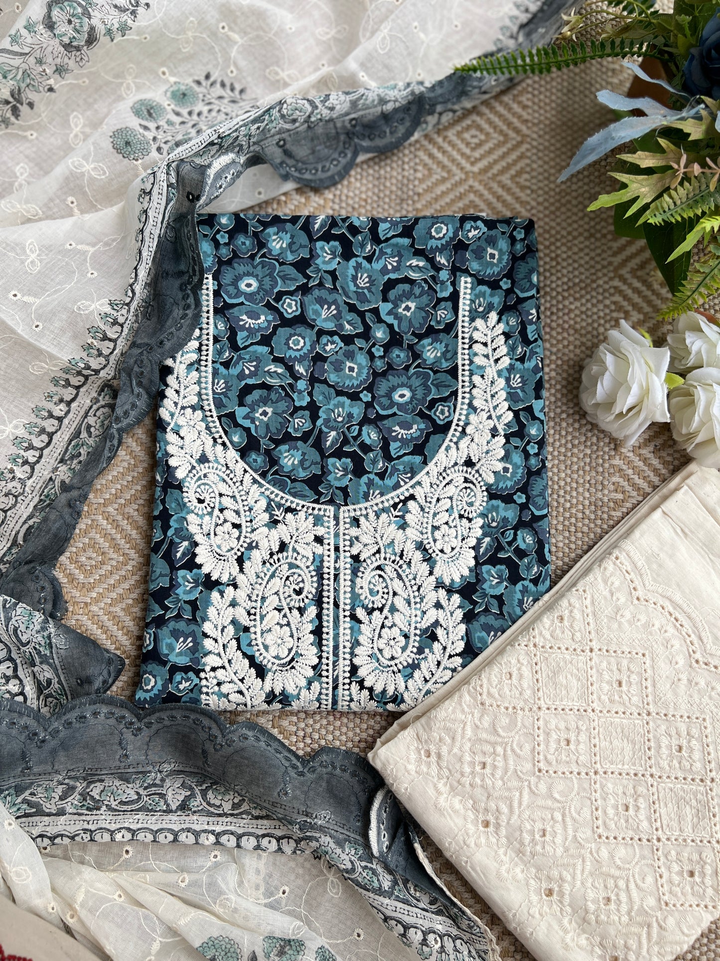 Midnight Teal Bloom in Pure Cotton with White Thread Embroidery