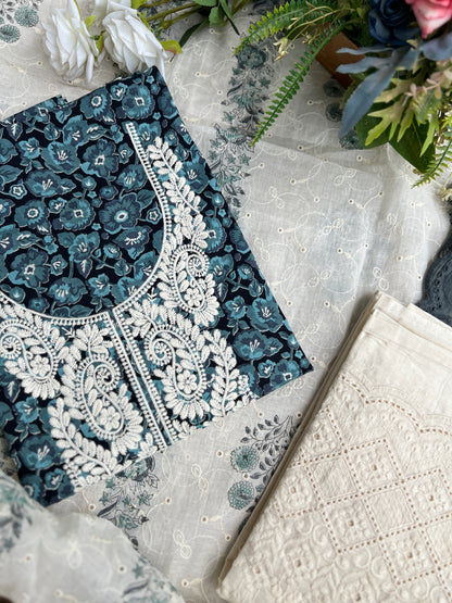 Midnight Teal Bloom in Pure Cotton with White Thread Embroidery
