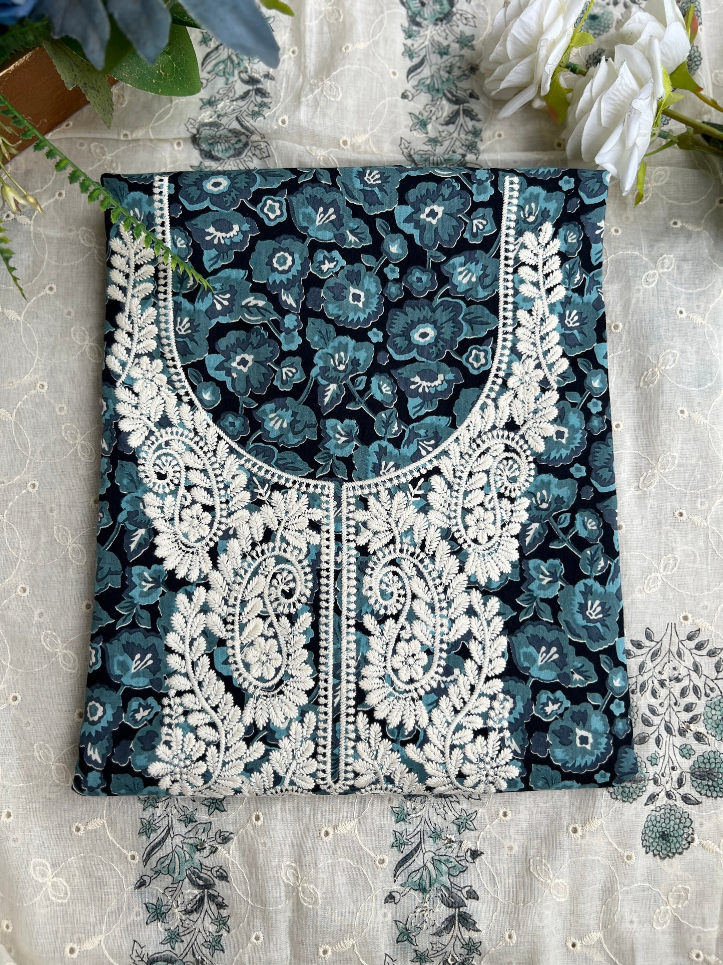 Midnight Teal Bloom in Pure Cotton with White Thread Embroidery