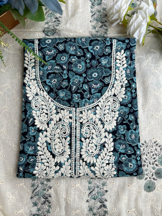 Midnight Teal Bloom in Pure Cotton with White Thread Embroidery
