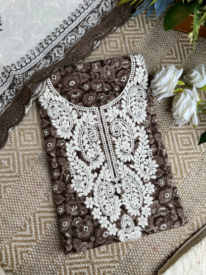 Classic Brown Floral in Pure Cotton with Intricate White Threadwork