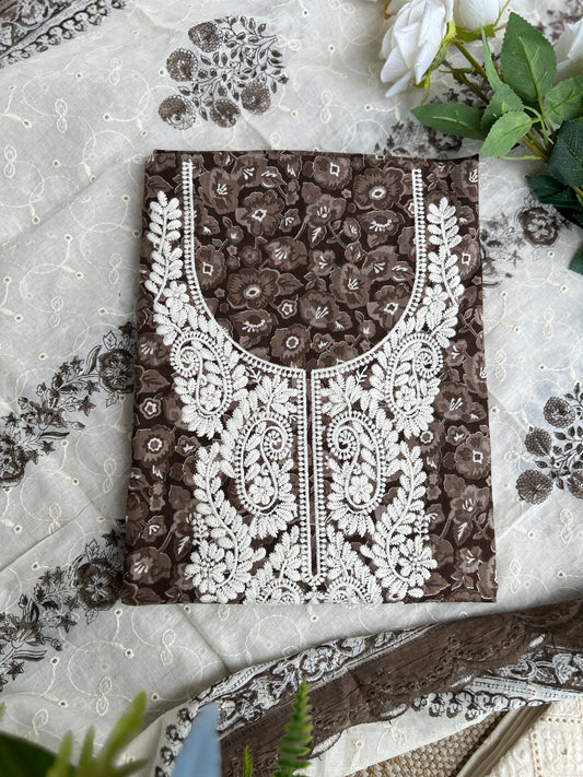 Classic Brown Floral in Pure Cotton with Intricate White Threadwork