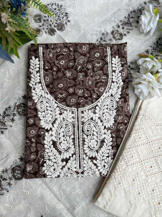 Classic Brown Floral in Pure Cotton with Intricate White Threadwork