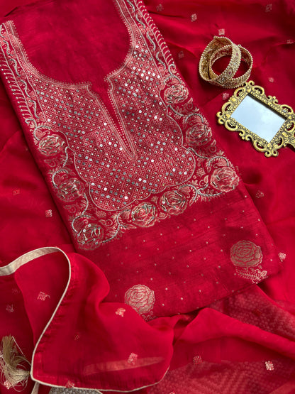 Timeless Red Khadi Silk with Banarasi Weaving Elegance