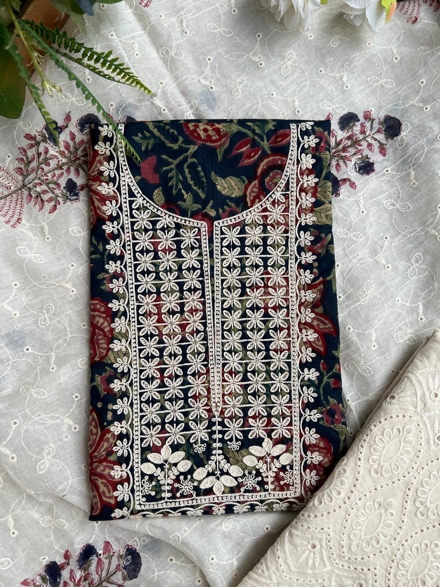 Stunning  Embroidered Handblock Cotton Suit Set