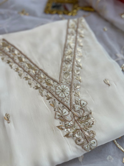 Ivory Russian Crepe Suit with Handwork & Gota Jaal Dupatta