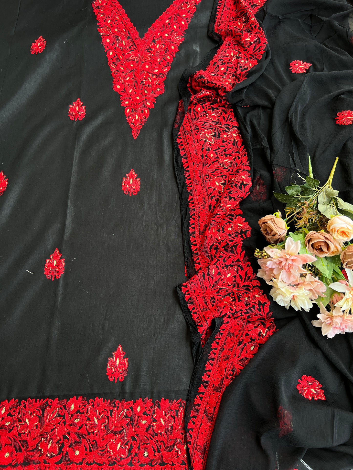 Midnight Black & Crimson Red Kashmiri Embroidered Modal Cotton Suit Set