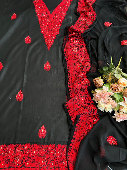 Midnight Black & Crimson Red Kashmiri Embroidered Modal Cotton Suit Set