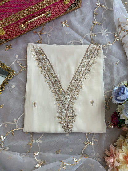 Ivory Russian Crepe Suit with Handwork & Gota Jaal Dupatta