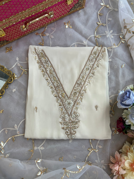 Ivory Russian Crepe Suit with Handwork & Gota Jaal Dupatta