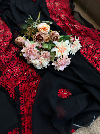 Midnight Black & Crimson Red Kashmiri Embroidered Modal Cotton Suit Set