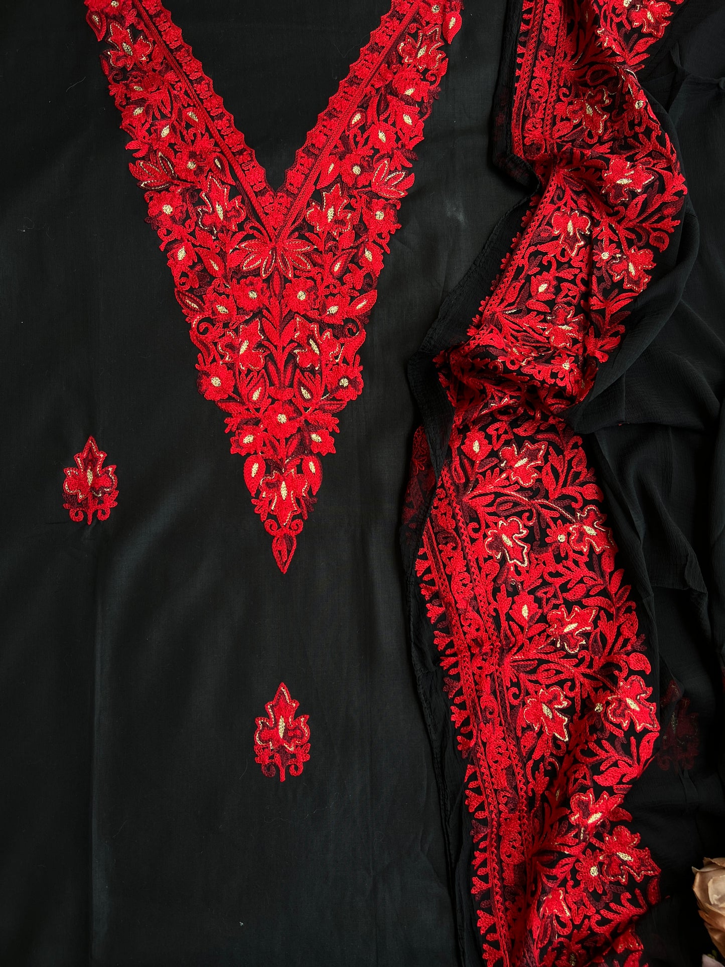 Midnight Black & Crimson Red Kashmiri Embroidered Modal Cotton Suit Set