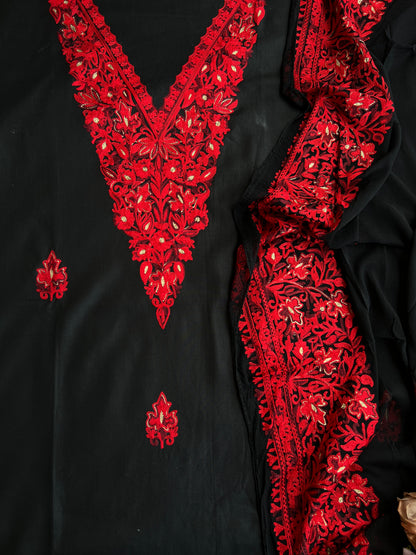 Midnight Black & Crimson Red Kashmiri Embroidered Modal Cotton Suit Set